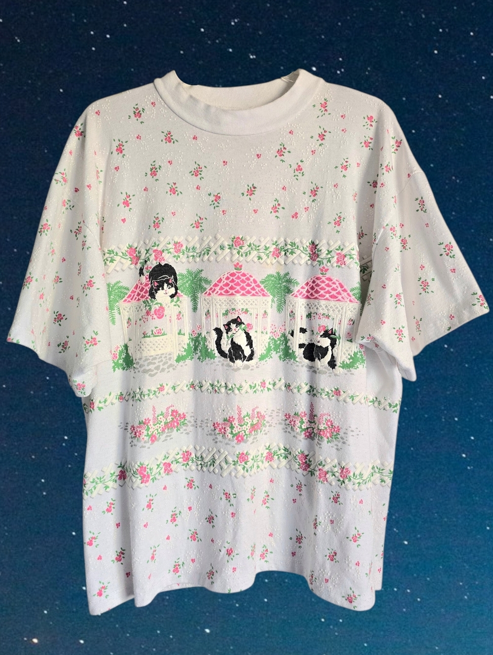 🩷Vintage SPUMONI Kitty Cat & Neon Rose Puff Graphic Tee🩷